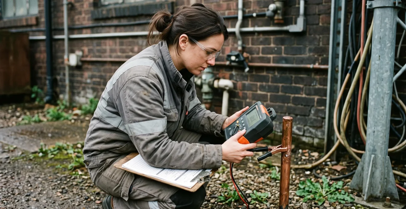 An engineer measuring earth resistance with a handheld tester at a copper earth rod beside an industrial building.