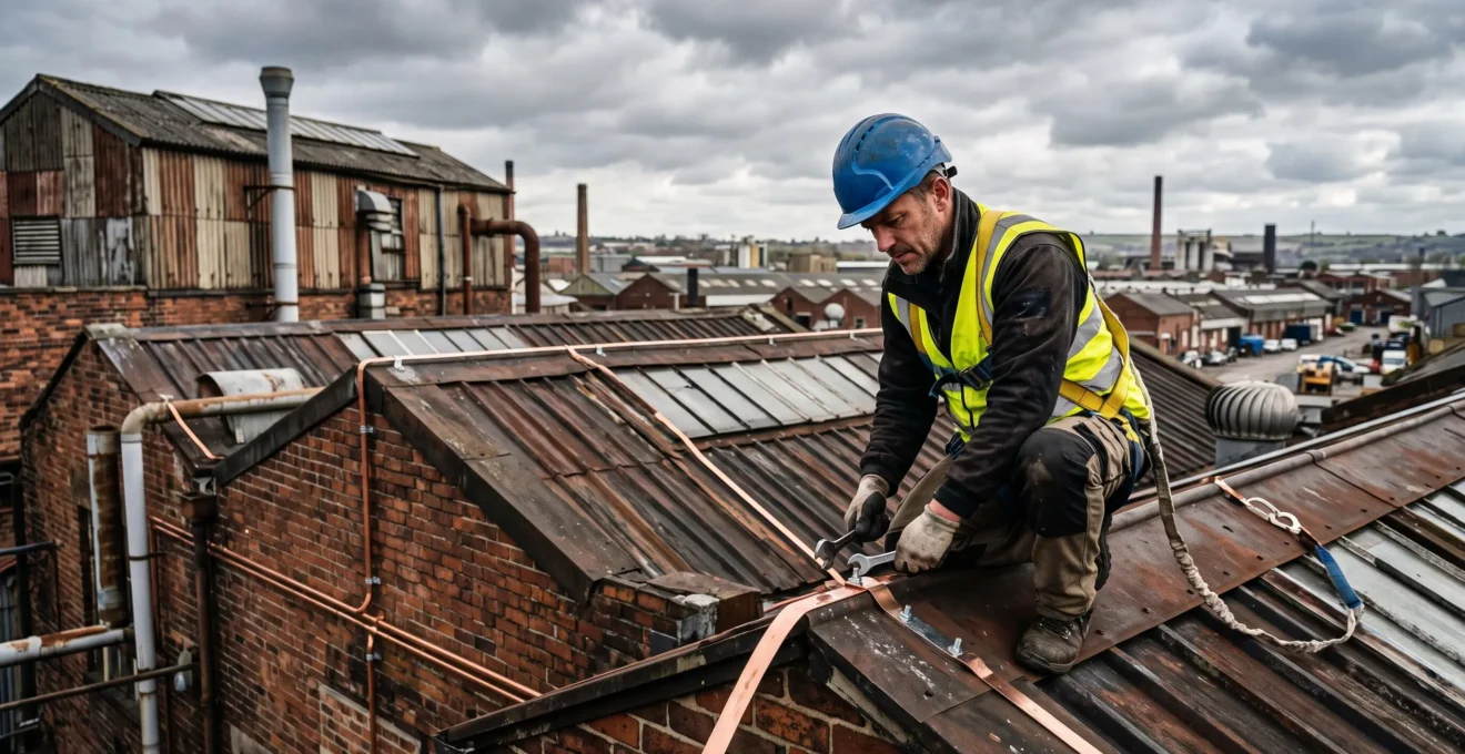 A lightning protection installer fixing copper air termination tape along the roof edge of an old industrial factory building under an overcast British sky.
