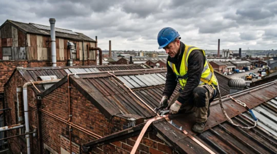 A lightning protection installer fixing copper air termination tape along the roof edge of an old industrial factory building under an overcast British sky.