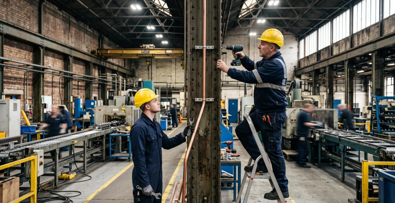 Two installers fitting a copper down conductor to a steel column inside an operating factory hall.